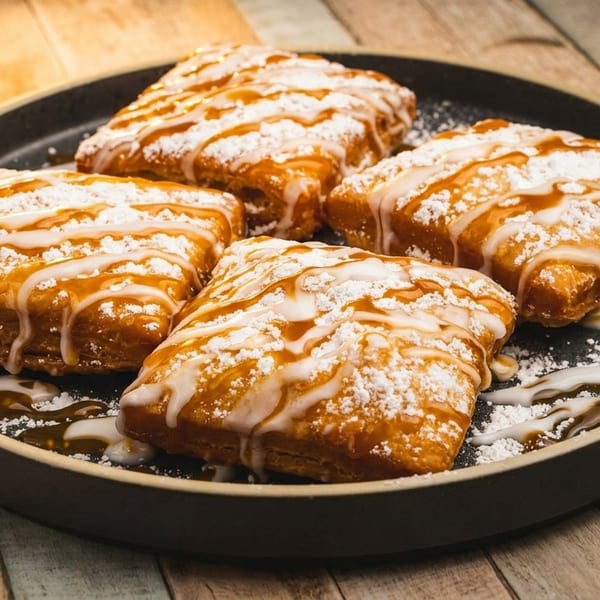 Four golden-brown pastries drizzled with white icing and powdered sugar on a dark plate.