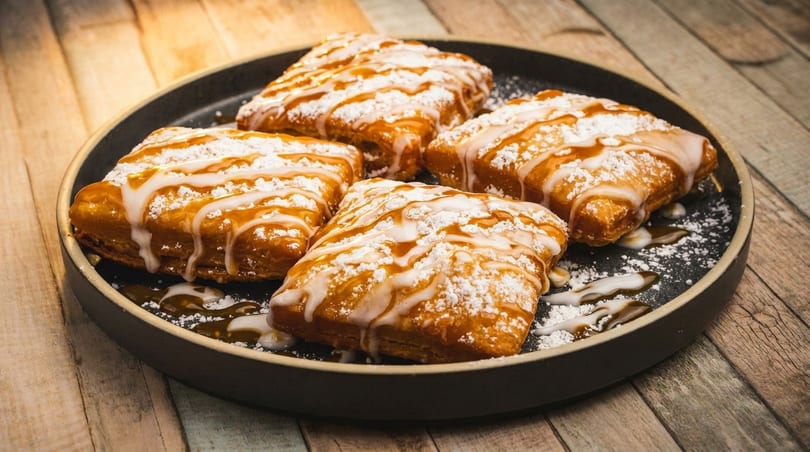 Four golden-brown pastries drizzled with white icing and powdered sugar on a dark plate.