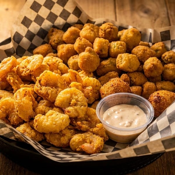 A basket of crispy fried shrimp and okra with a side of dipping sauce on a wooden table.