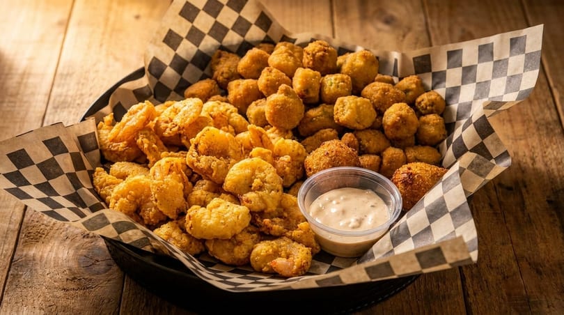 A basket of crispy fried shrimp and okra with a side of dipping sauce on a wooden table.