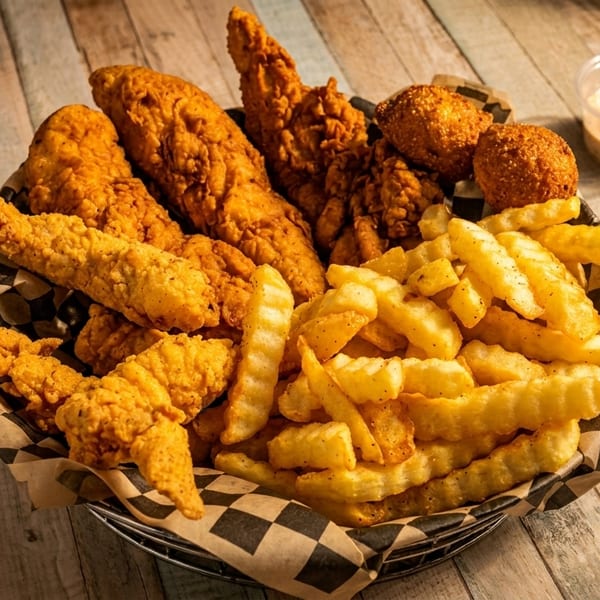 A basket of crispy fried chicken tenders, hush puppies, and crinkle-cut fries with dipping sauce.