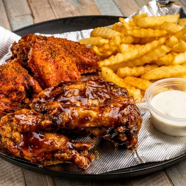 A black plate with two types of chicken wings, crinkle-cut fries, and a side of ranch.