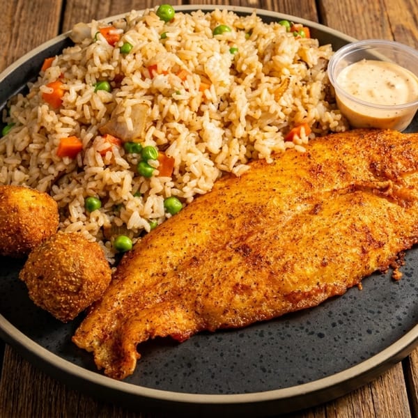 Fried fish fillet, rice with peas and carrots, two hushpuppies, and a side of sauce on a plate.