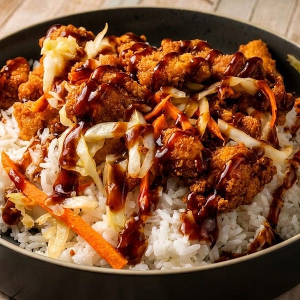 Crispy fried chicken pieces with vegetables and sauce over white rice in a dark bowl.